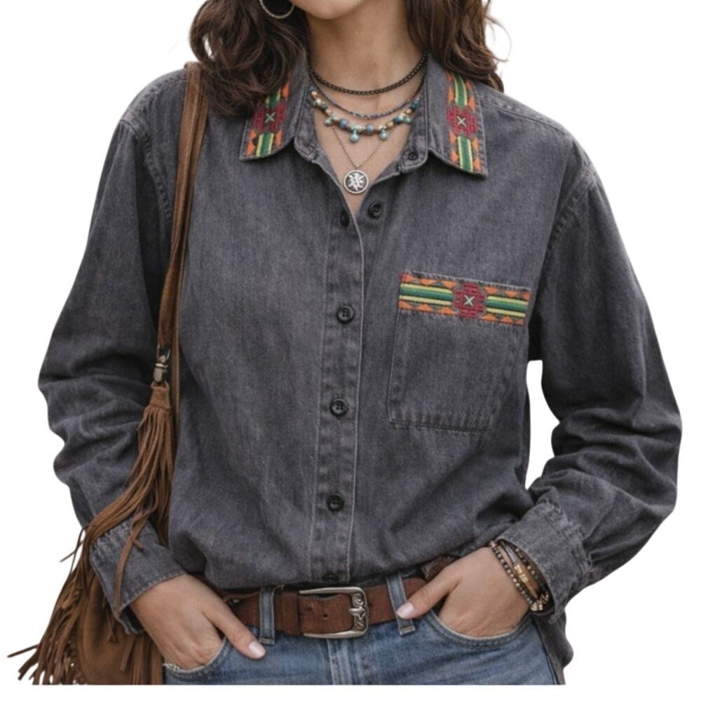 Vintage Pendleton Southwestern Trim Chambray Shirt Knockabouts Womens Serape